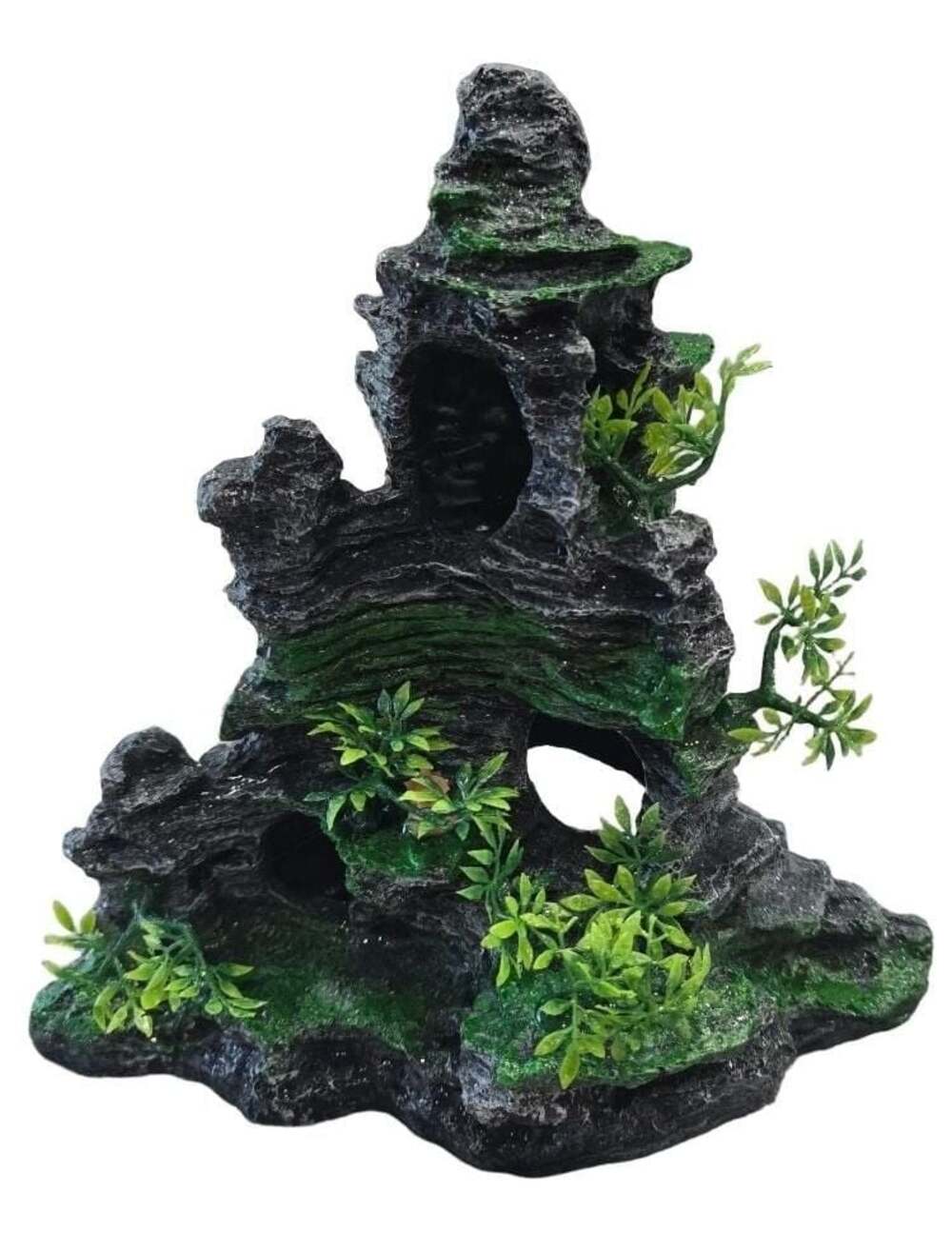 Aquarium Mountain Resin Rockery Fish Tank Hiding Cave with Plastic Plants